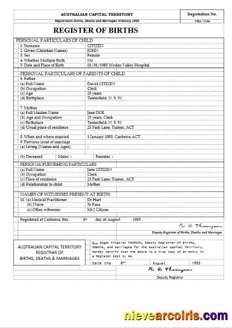Australia Australian Capital Territory birth certificate, version 2